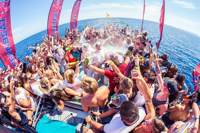 Ibiza Ocean Club Boat Party with 3 Hours Premium Drinks and DJ - Champagne shower and Castle of Ibiza views