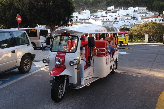Mijas: Panoramic city tour in an electric Tuk Tuk - The core of Mijas Pueblo: tourist office area, donkey taxis, and the main square
